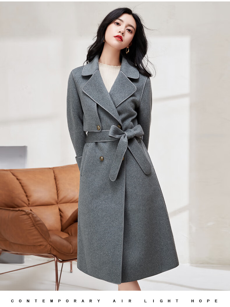 皮尔卡丹羊毛感西装戗驳领2022年大衣中长款女冬季新款毛呢外套 中灰