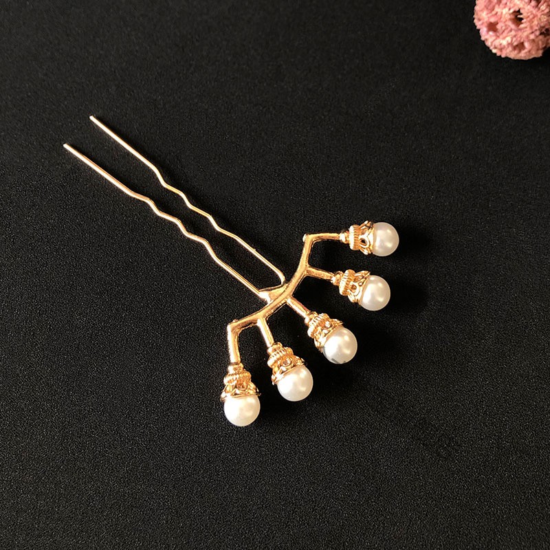 头饰古风发饰发冠套装珍珠排钗排簪珠钗发钗簪子明制古装配饰银色五珠