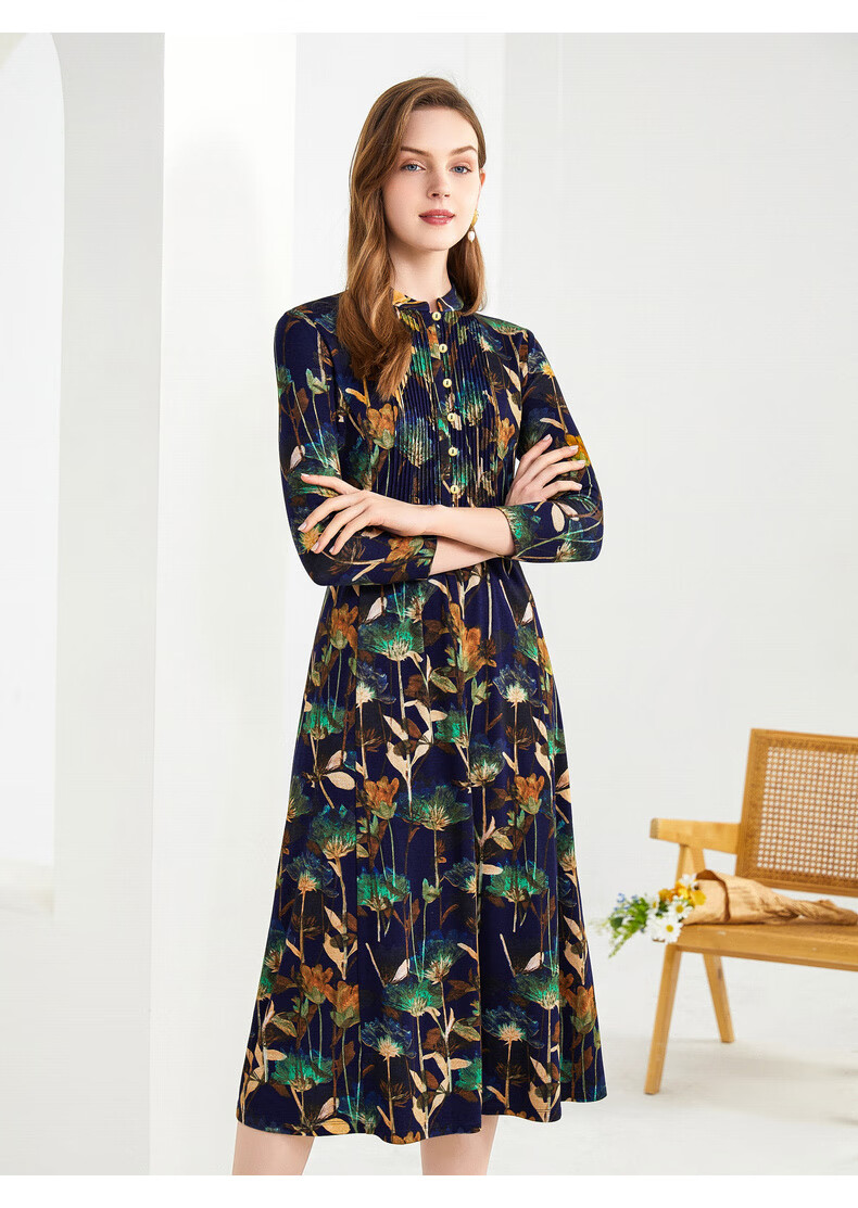 沐兰小众设计感印花连衣裙女2022秋装新款修身长袖中长裙a摆大长裙 兰