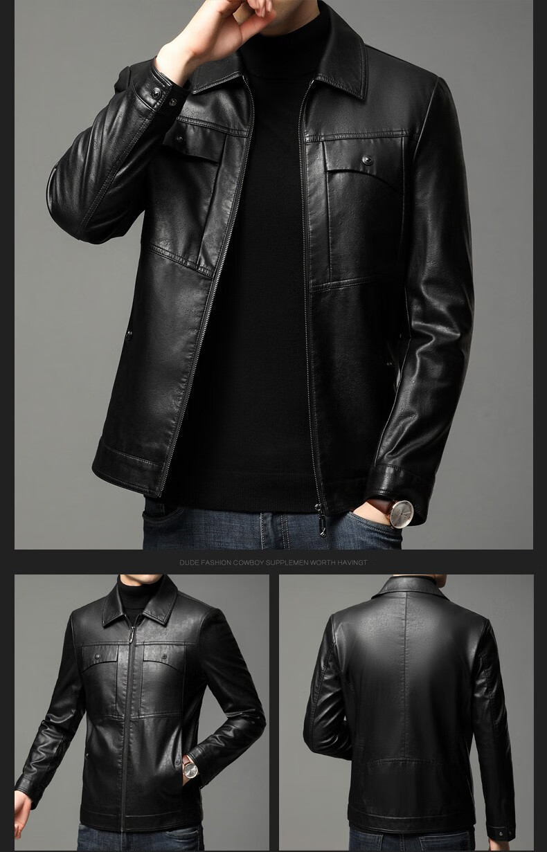 袋鼠皮衣男2022秋冬季中年男士加绒加厚翻领外套纯色保暖皮夹克中老年