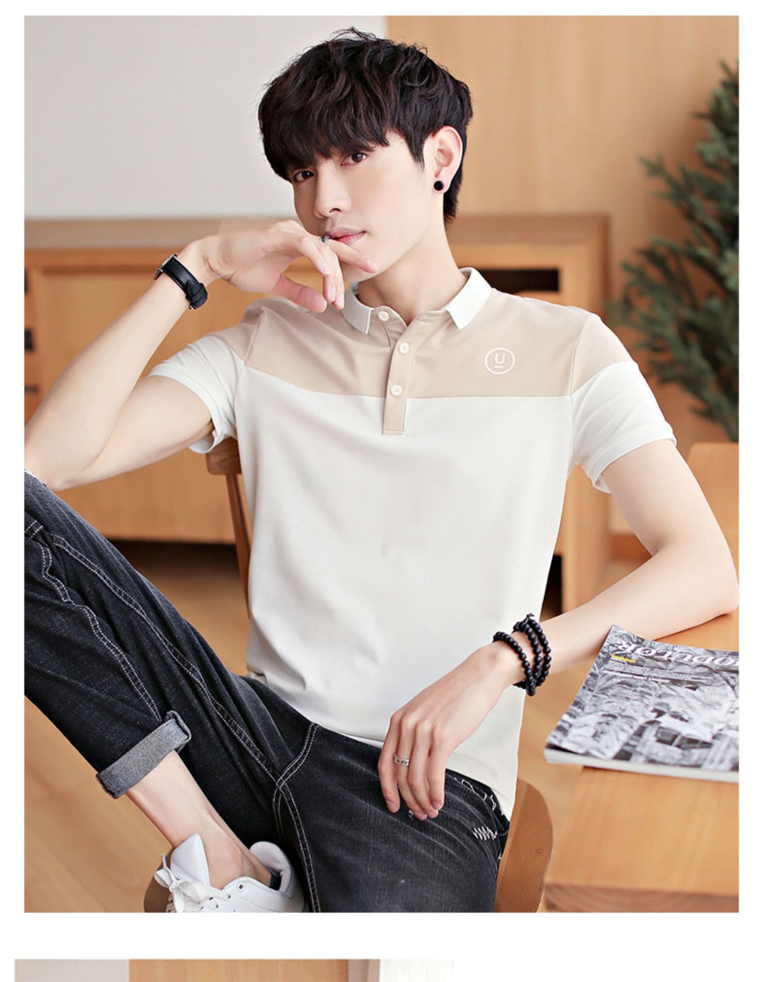 啄木鸟(tucano)短袖t恤男2021夏新款韩版白色翻领潮流体恤男青年保罗