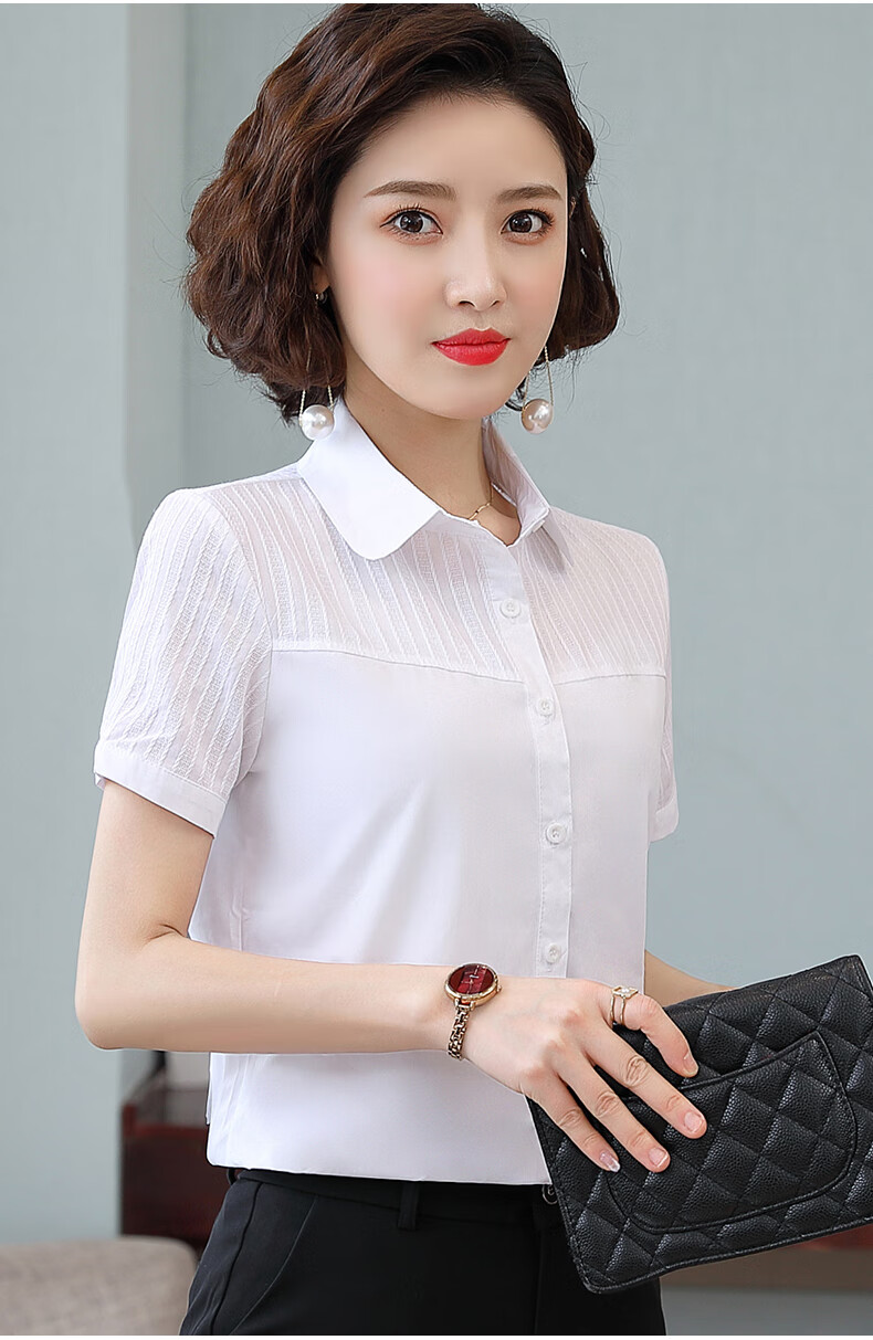 同款纯棉衬衫女短袖21年夏季新款修身白色ol职业衬衣工作服女士上衣
