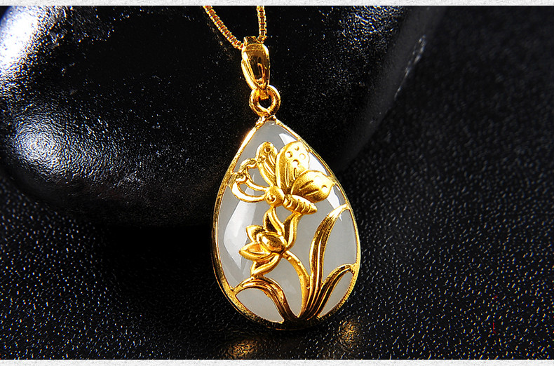 金镶玉吊坠足金女款黄金镶和田玉蝶恋花花型玉坠玉佩挂件七夕情人节