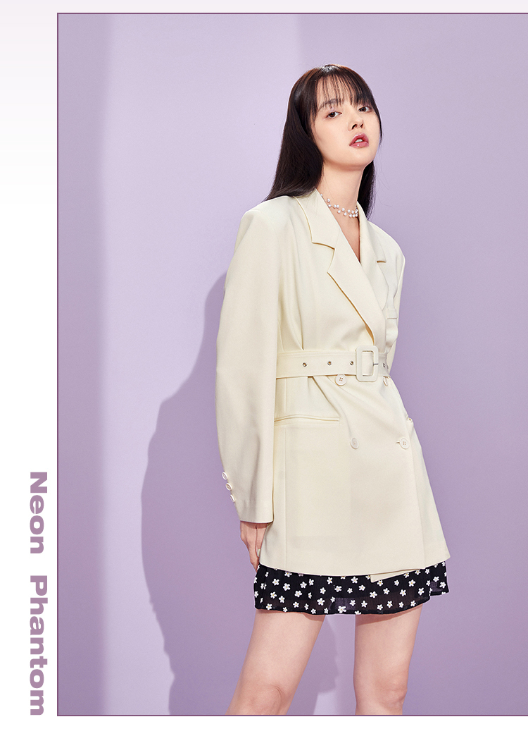 乐町休闲西装外套女2021春季新款薄款个性系带白色西装外套女装 白色