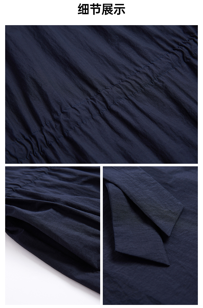 ott原创轻奢女装2021夏新款墨蓝色抽褶中长款小黑裙短袖连衣裙女纯色