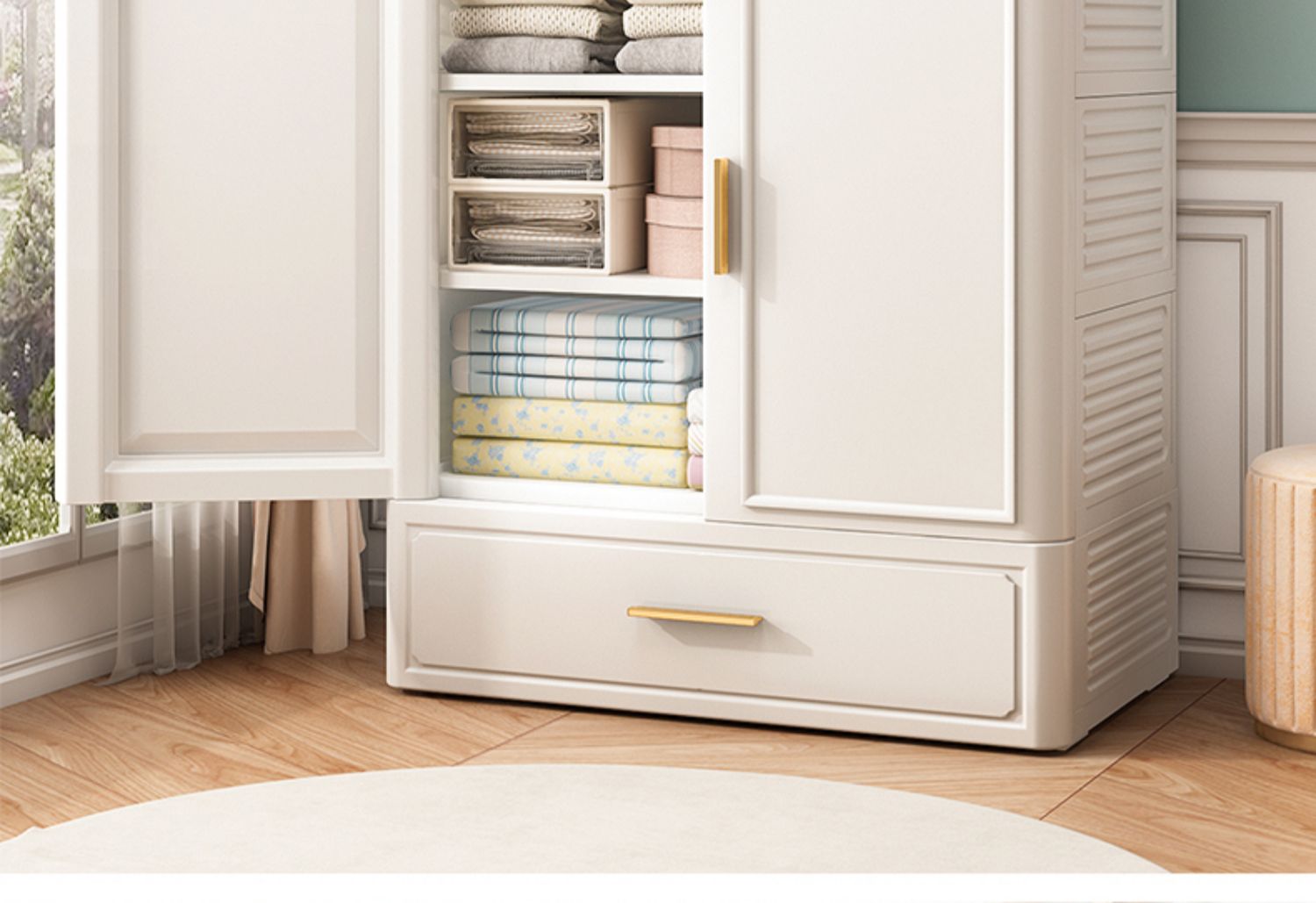 加厚衣柜欧式租房家用塑料储物柜抽屉式衣柜衣橱双开门挂衣区叠放区