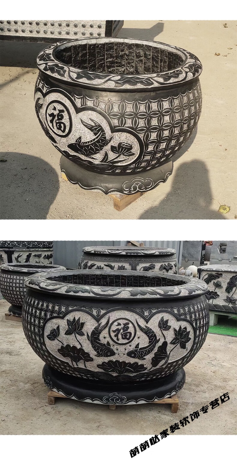 庭院石缸青石鱼缸花盆户外石头水缸石材圆缸荷花鱼石盆石雕大缸 b款