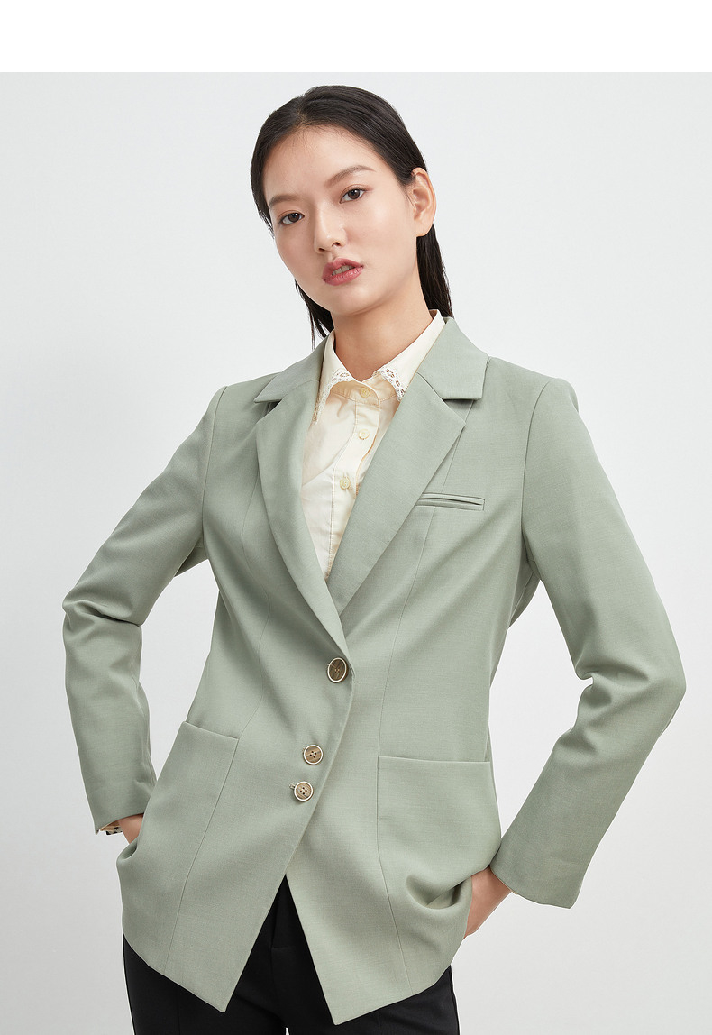 玖姿2021春季新款纯色休闲通勤拼接领带豹纹女西装 米白 l