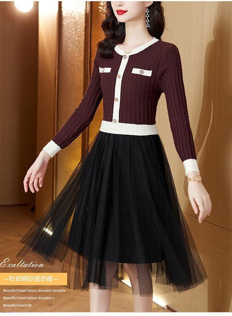 灿芬芳真值女装特卖[喜妮思]秋冬新款显瘦休闲气质针织拼接 网纱过玛