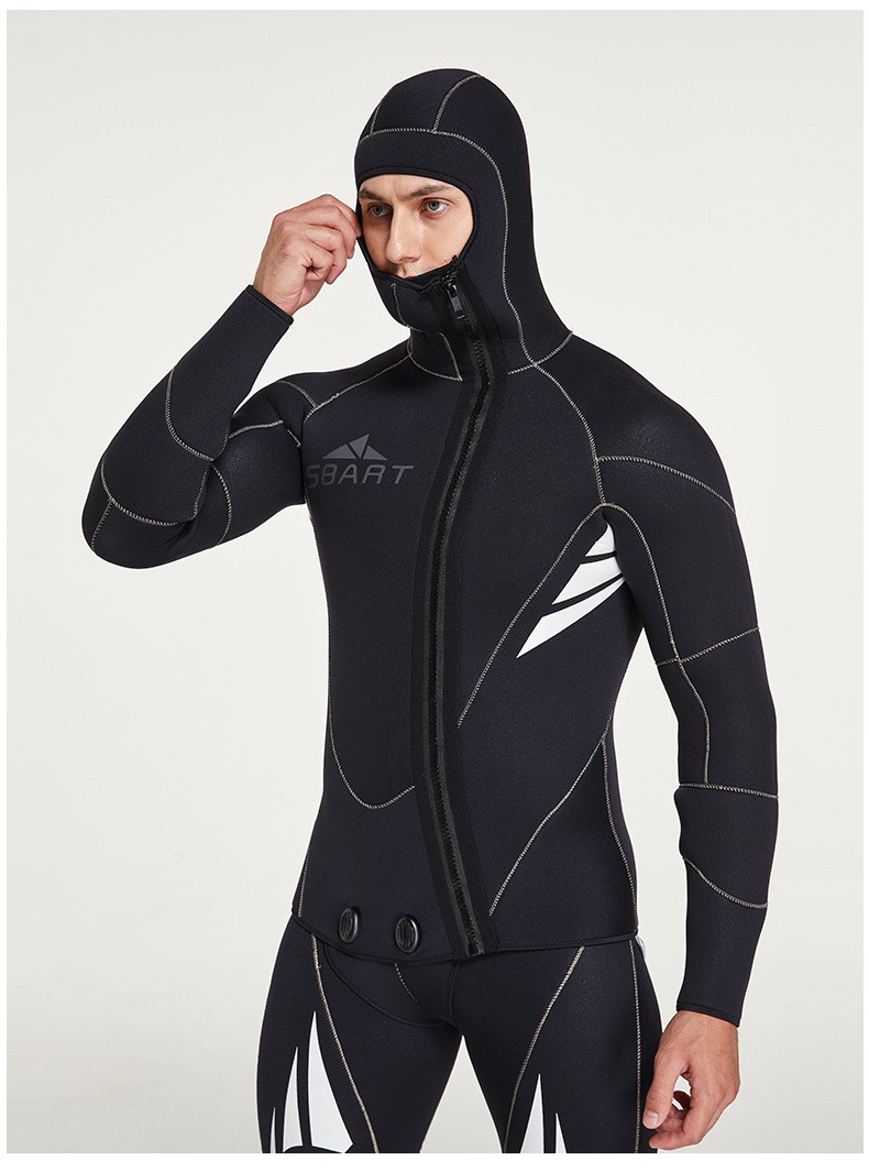 鲨巴特新款潜水服5mm连体连帽专业两件套男加绒保暖防水母加厚冬泳