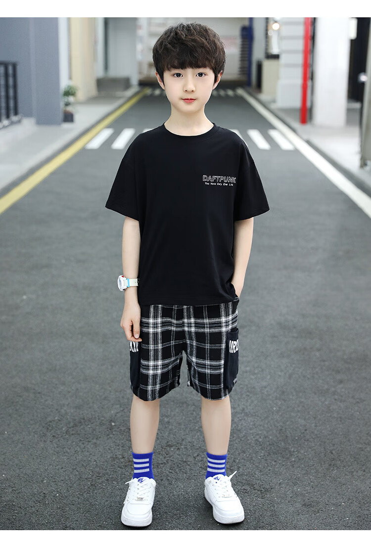 熊迪明男童套装夏装2021新款短裤格子裤韩版儿童套装中大童洋气运动两