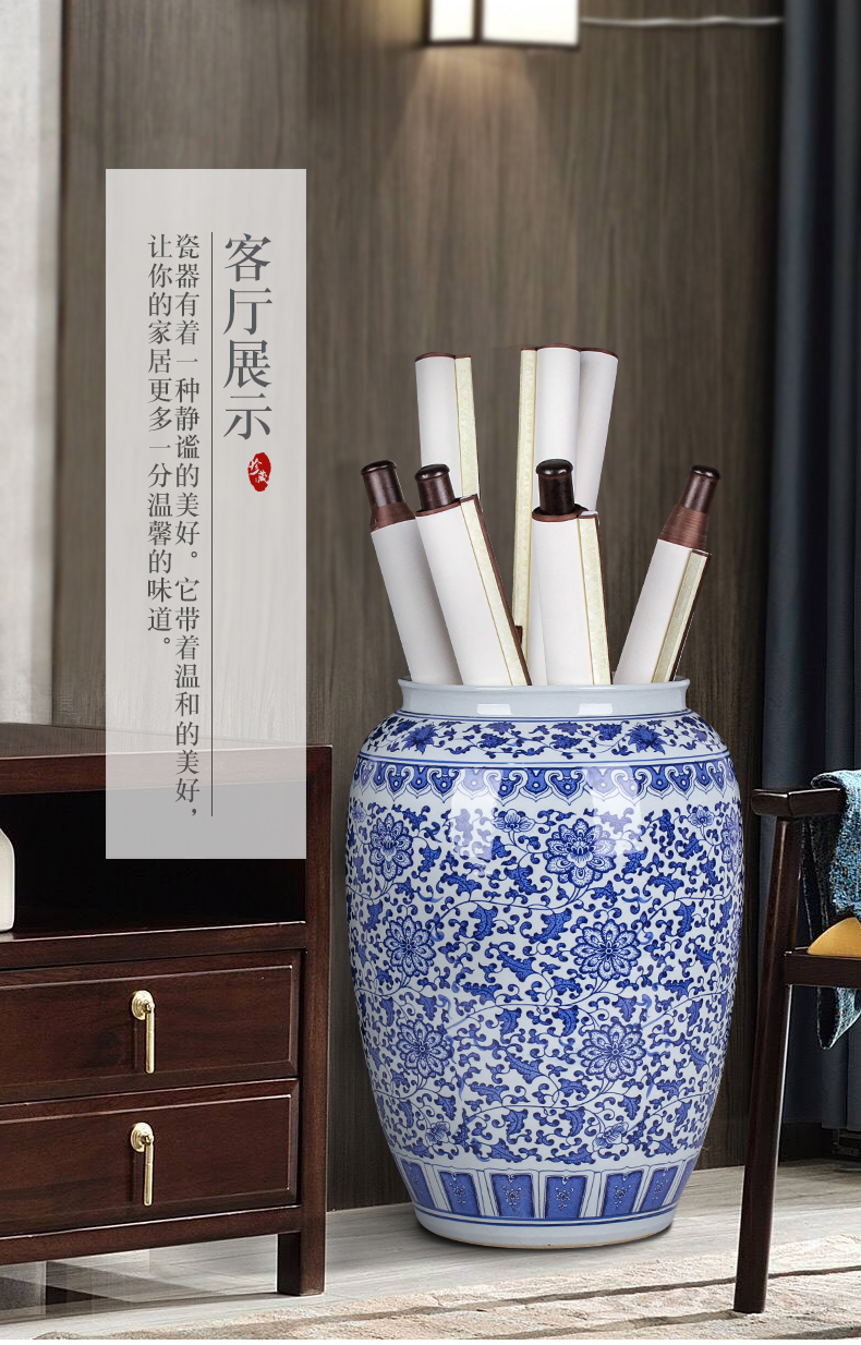 景德镇陶瓷仿古青花书画筒收纳字画缸卷轴缸书房箭筒摆件落地花瓶