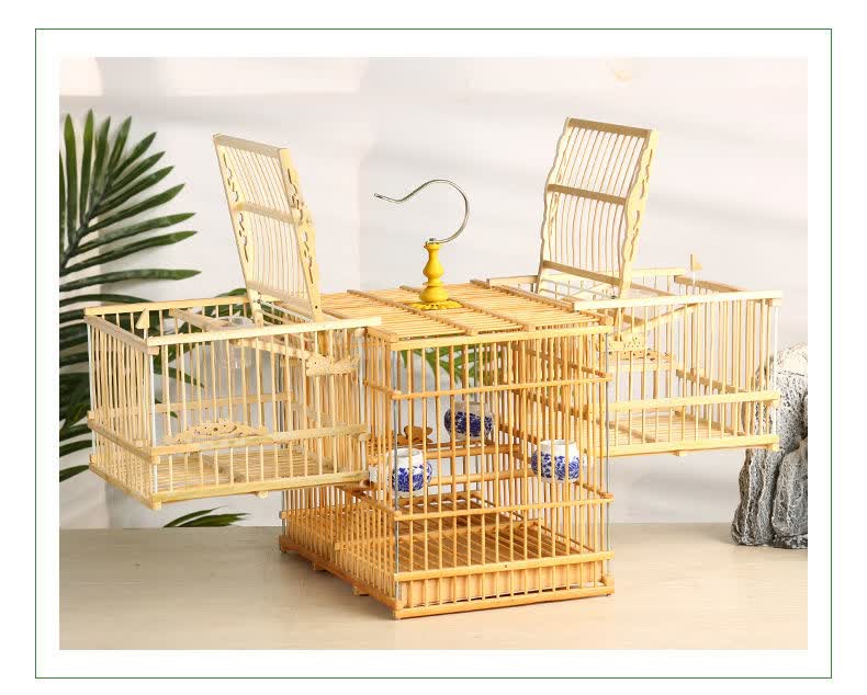新款精品竹制鸟笼打笼鸟用机关笼拍笼踏笼黑子贝子鸟食盒自锁挂拍