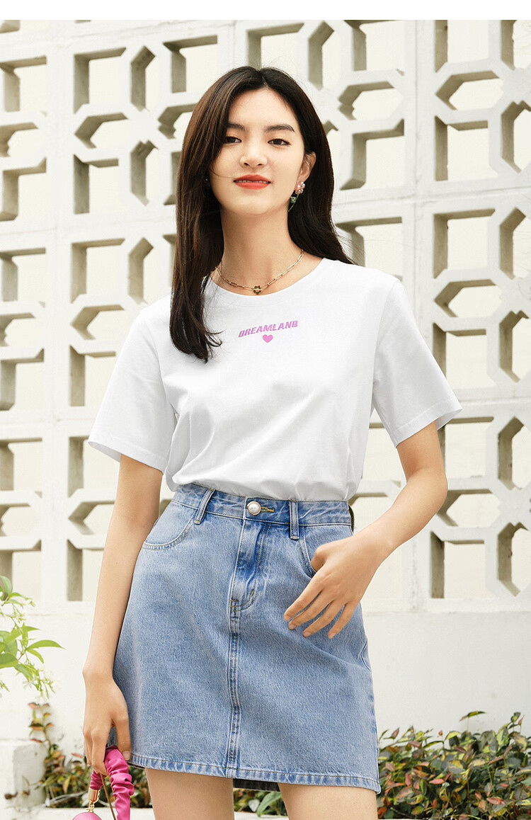 伊芙丽短袖2021年新款宽松薄款体恤上衣字母刺绣白色t恤女夏 t恤 本