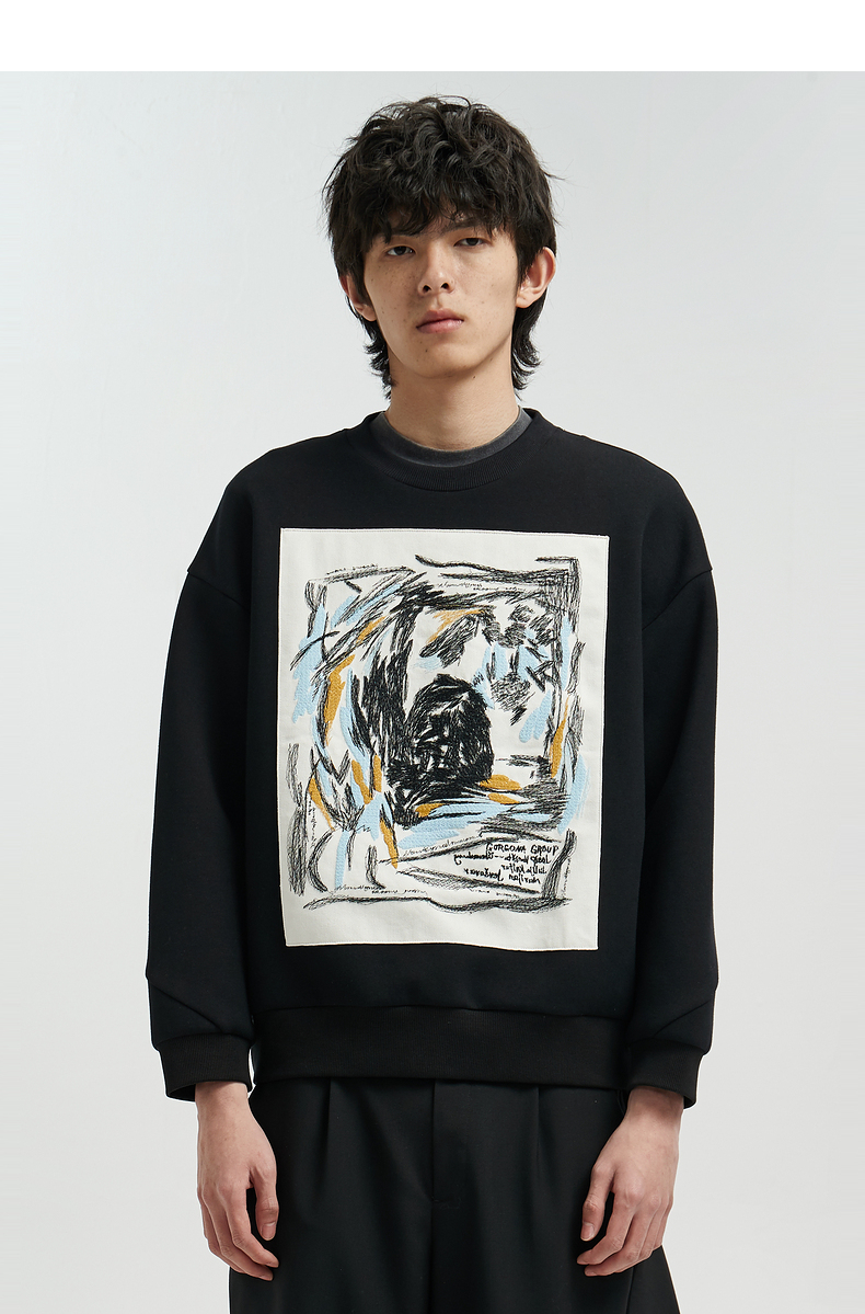 速写男装秋季新款圆领卫衣印花情侣套头长袖时尚宽松休闲简约 001本黑