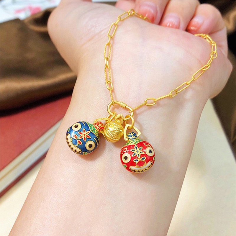 老凤凰吞金兽手链黄金999足金吞金兽一家三口古法烧蓝吊坠宝宝手绳