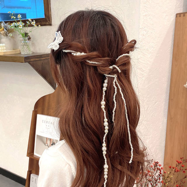 杨同款珍珠编发带发绳链条脏辫发饰珍珠流苏蝴蝶发夹头饰e款三条款