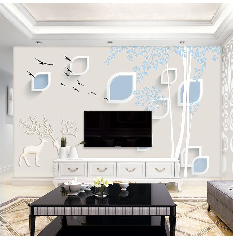 18d麋鹿壁画现代简约北欧风格电视背景墙壁纸8d凹凸立体墙纸时尚无缝