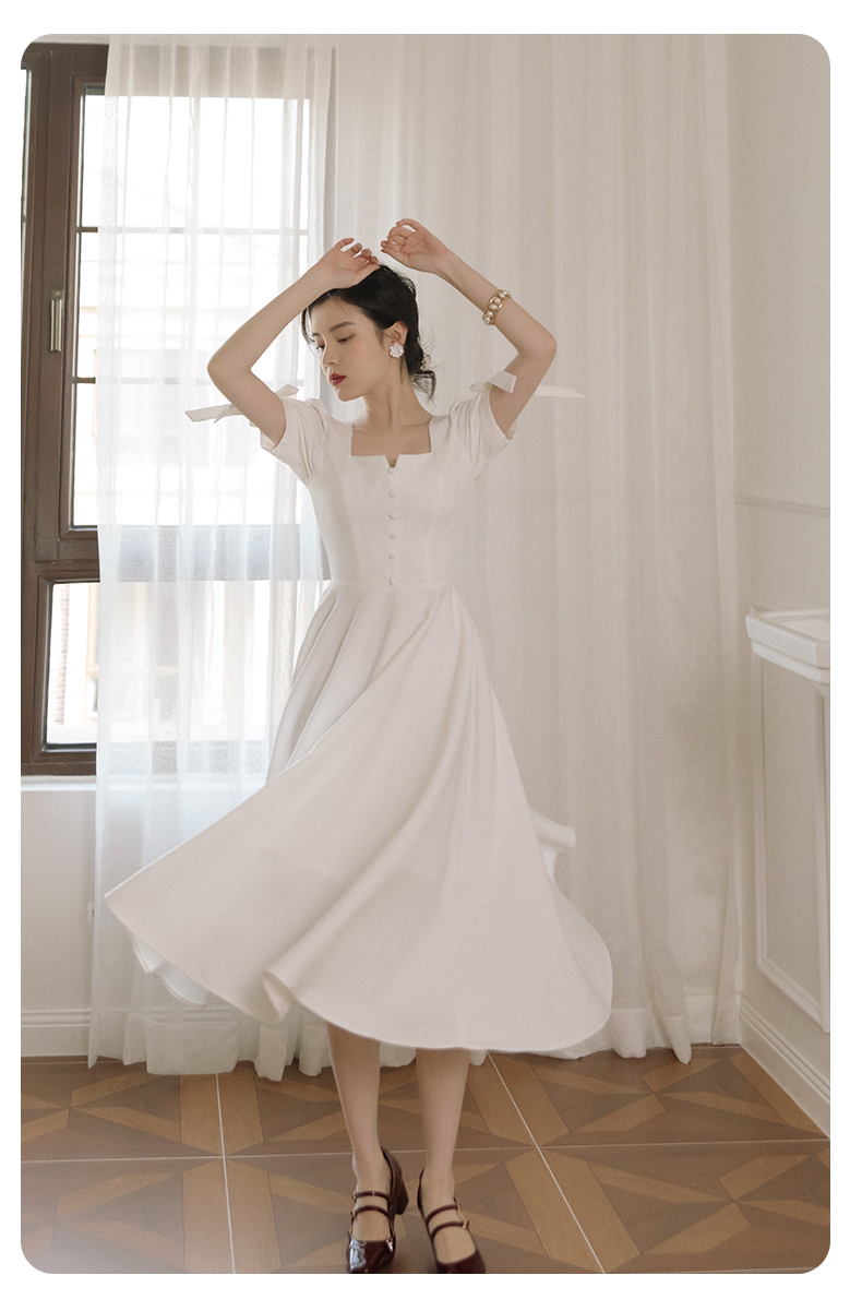 侣扁2021新款夏法式复古裙文艺温柔风翩跹白天鹅短袖连衣裙白色s