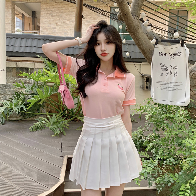 jk制服女夏季洋气套装学院风韩版polo领短袖t恤百褶半身裙两白色裙s