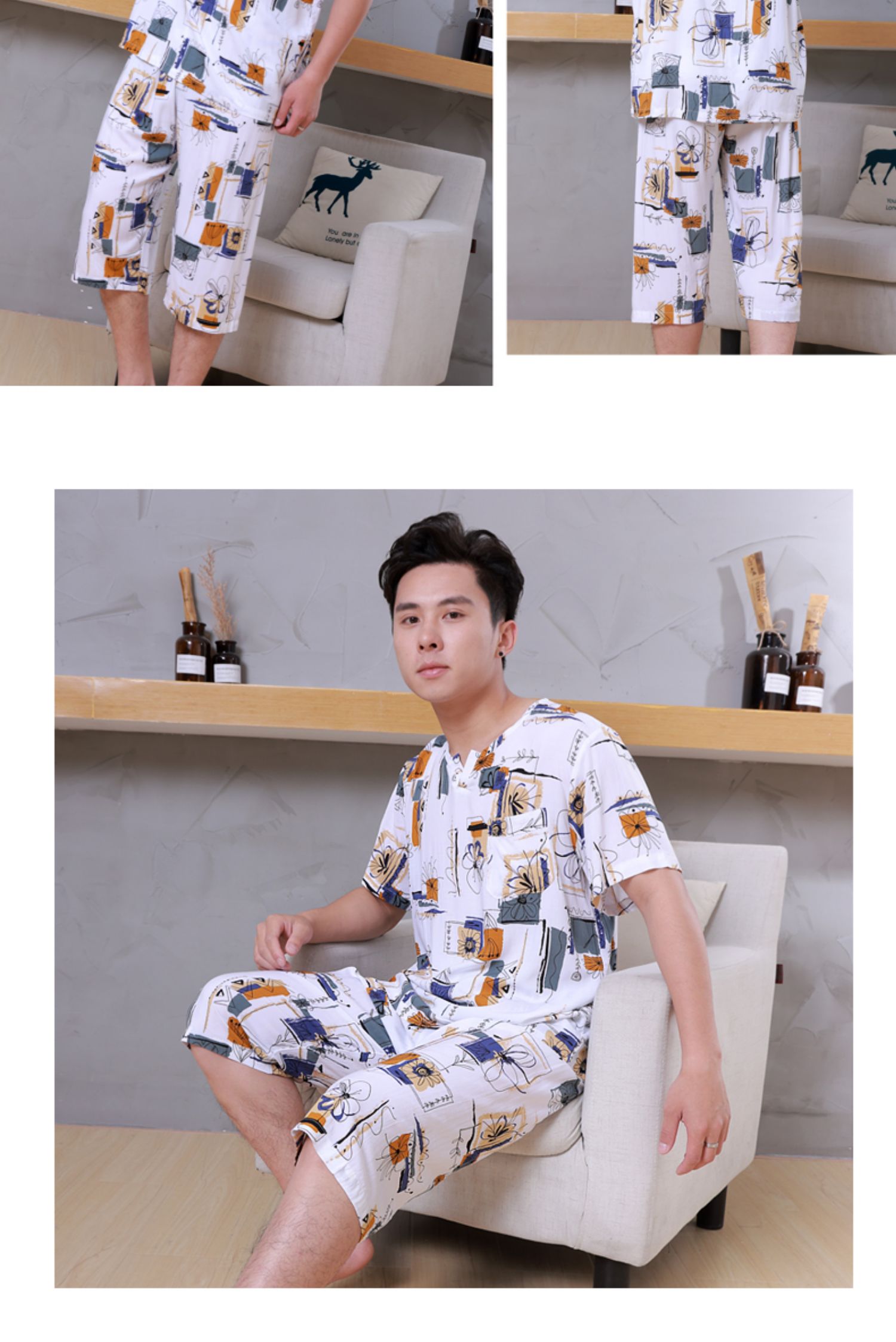 新品 男士棉绸睡衣套装夏短袖七分裤绵绸睡衣家居服青年可外穿沙滩装