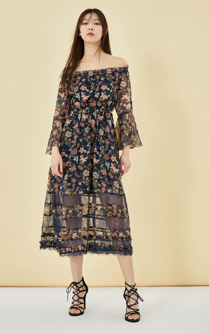 only夏季新款蕾丝拼接一字领轻熟风仙女连衣裙女120107652 h35豆荚