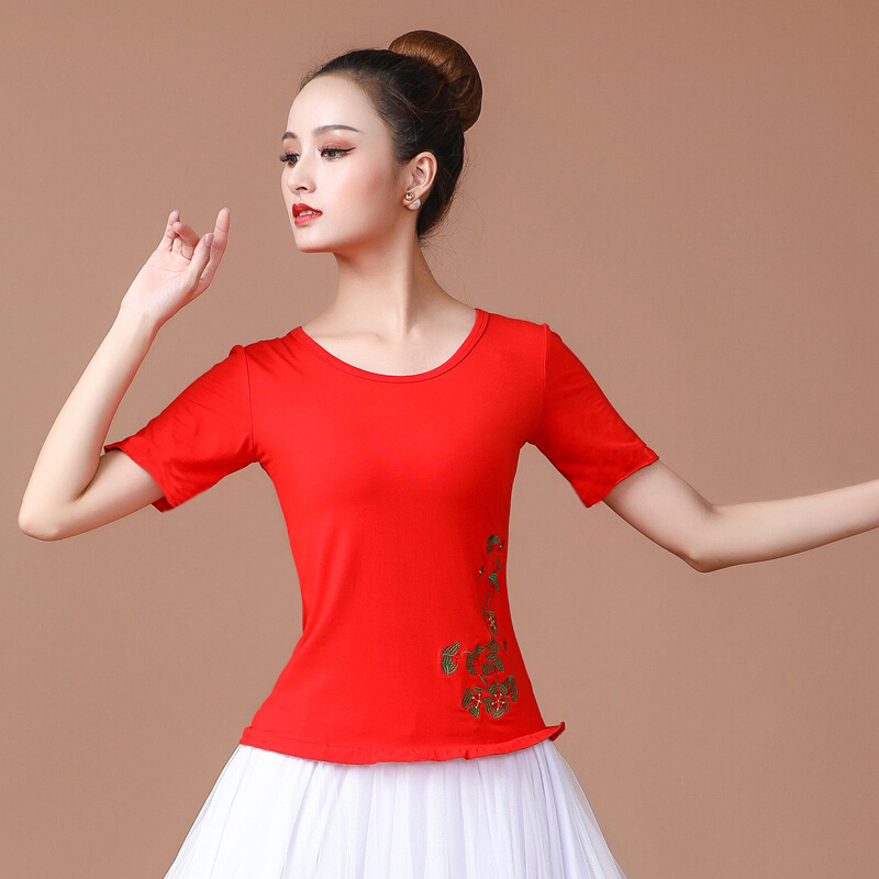 女广场舞服装上衣短袖舞蹈服套装长裙绣花跳舞衣服套裙夏季莫代尔女