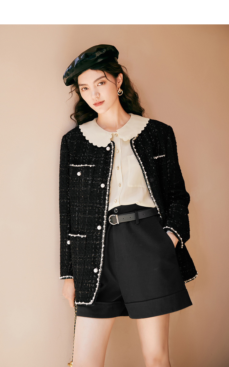 伊芙丽小香风外套女春秋2021新款格纹粗花呢秋季外套 黑色 160/84a/m