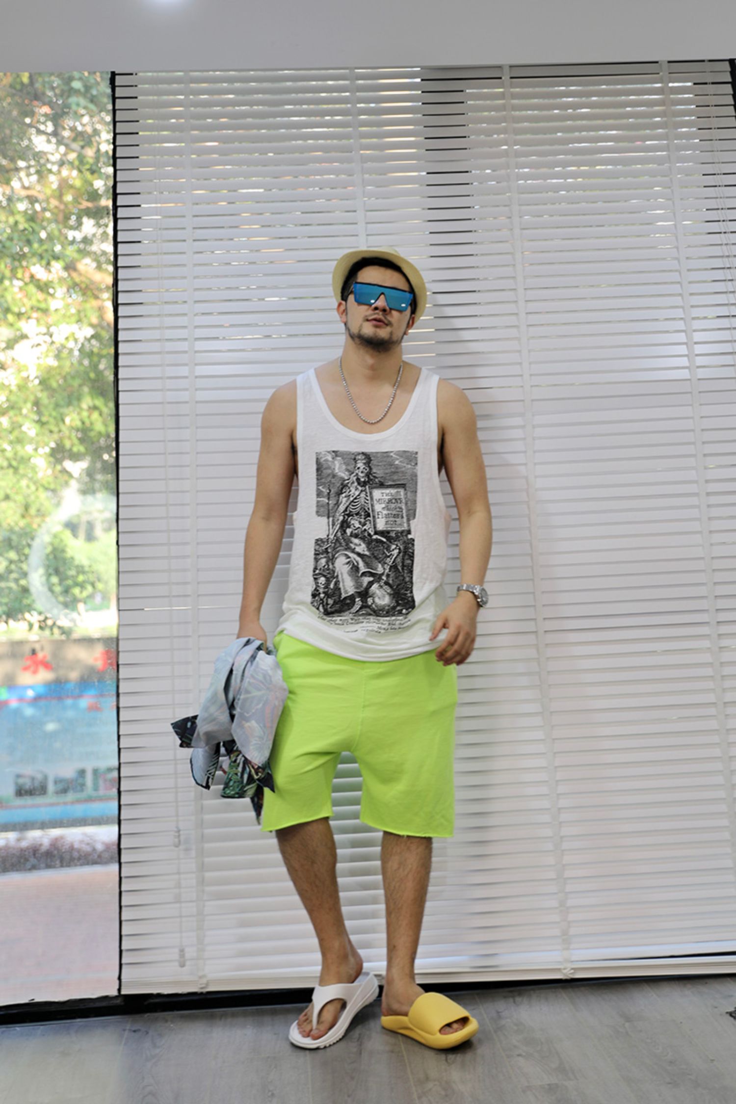 型男会社夏装新款水洗男装休闲背心潮时尚男装印花背心无袖5059白色s