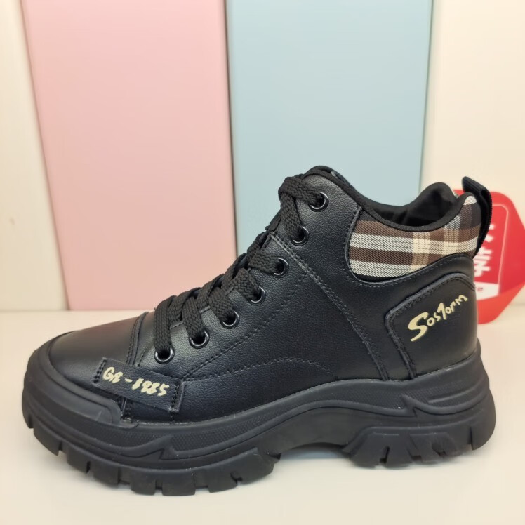 巨日女鞋 2022新款厚底马丁靴女鞋2022春季短筒靴单靴休闲运动 黑色