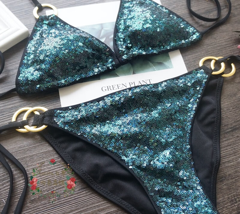 香槟色比基尼 性感三点式 亮片系带分体泳衣女温泉度假海边 绿色 m