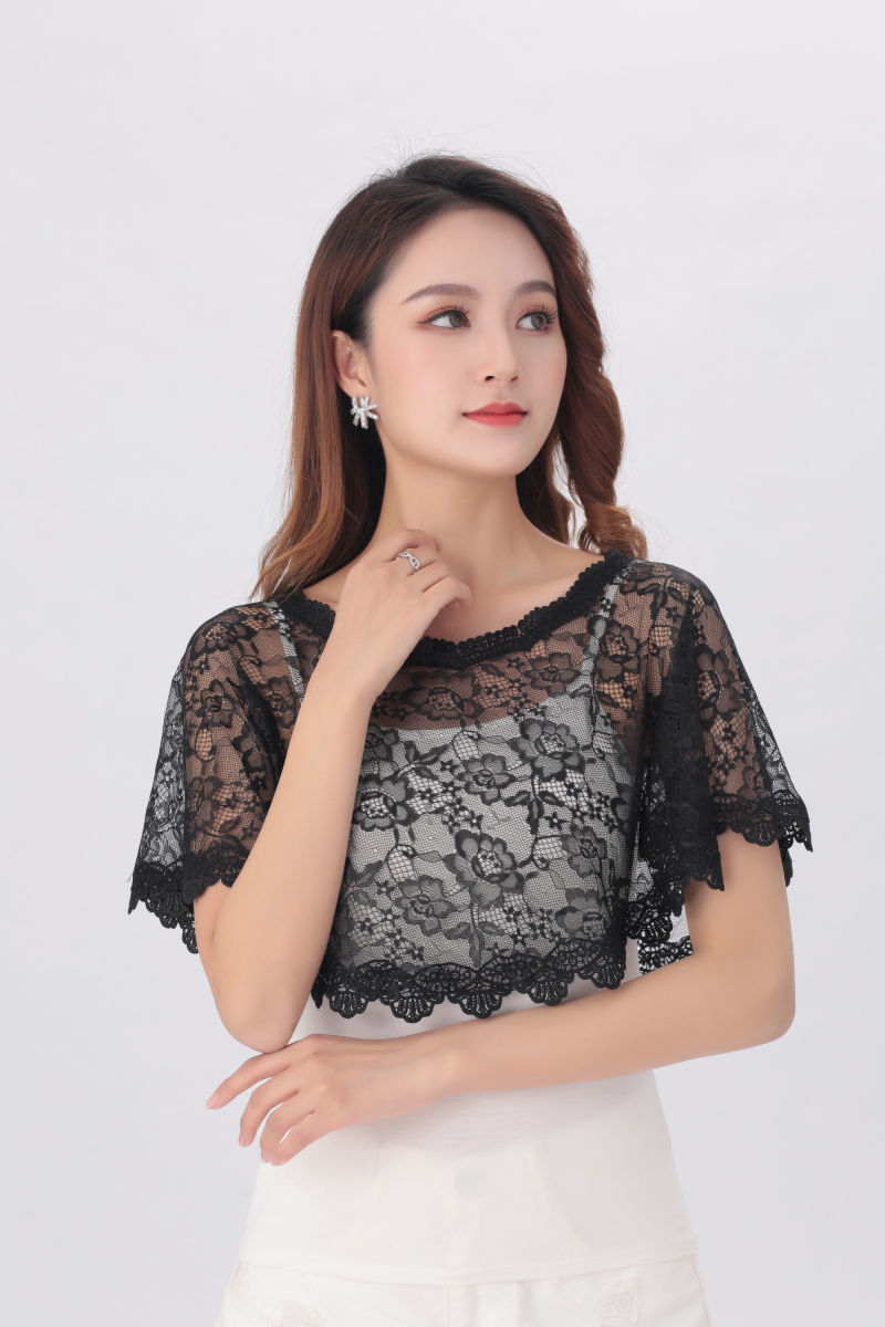 2021夏季套头黑色蕾丝披肩新款上衣外搭小披肩配裙子时尚宽松薄款