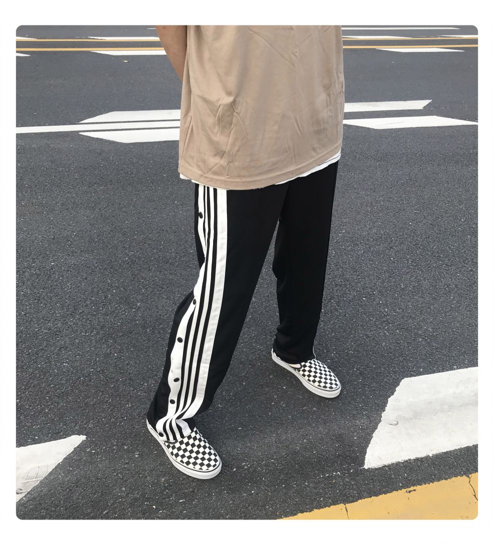 huffnpuff侧扣运动裤ad排扣裤纽扣拖地直筒高街裤子面子裤冷淡灰2xl