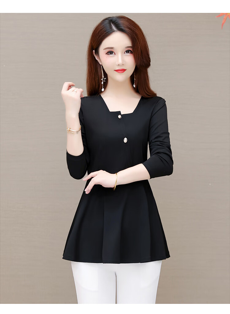 衣服女装中年人3540至50岁妇女春季长袖上衣收腰显瘦中长款打底衫时尚