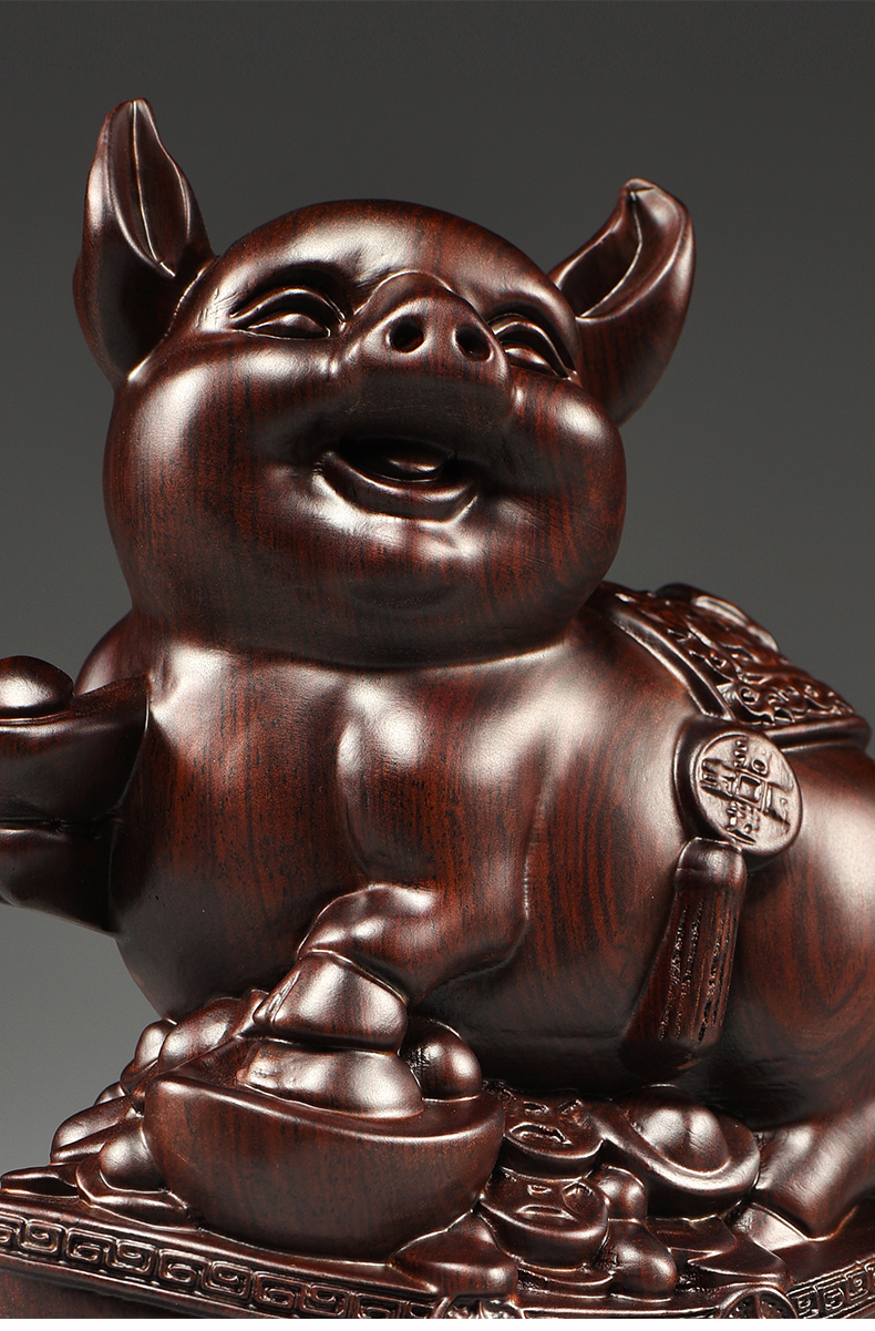 正宗府黑檀实木雕刻猪摆件十二生肖动物猪家居客厅装饰红木工艺品红