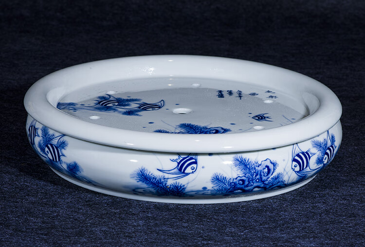 青花瓷茶盘手绘茶盘陶瓷加大号圆形双层茶托盘茶海功夫茶具储水盘青花