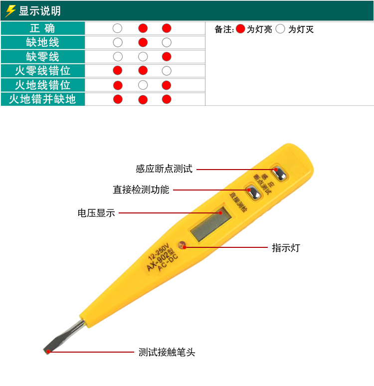 家用试电笔数显感应测电笔查断点照明验电笔多功能电工笔非接触式橙黑