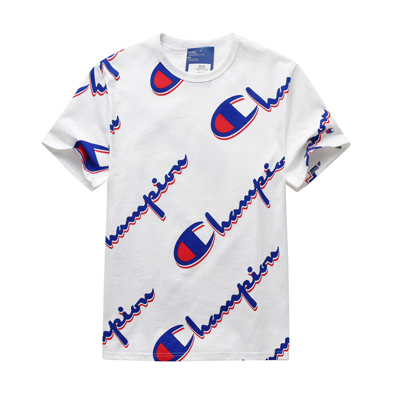 champion美版冠军满印短袖t恤白色草写印花logo男女情侣同款宽松圆领