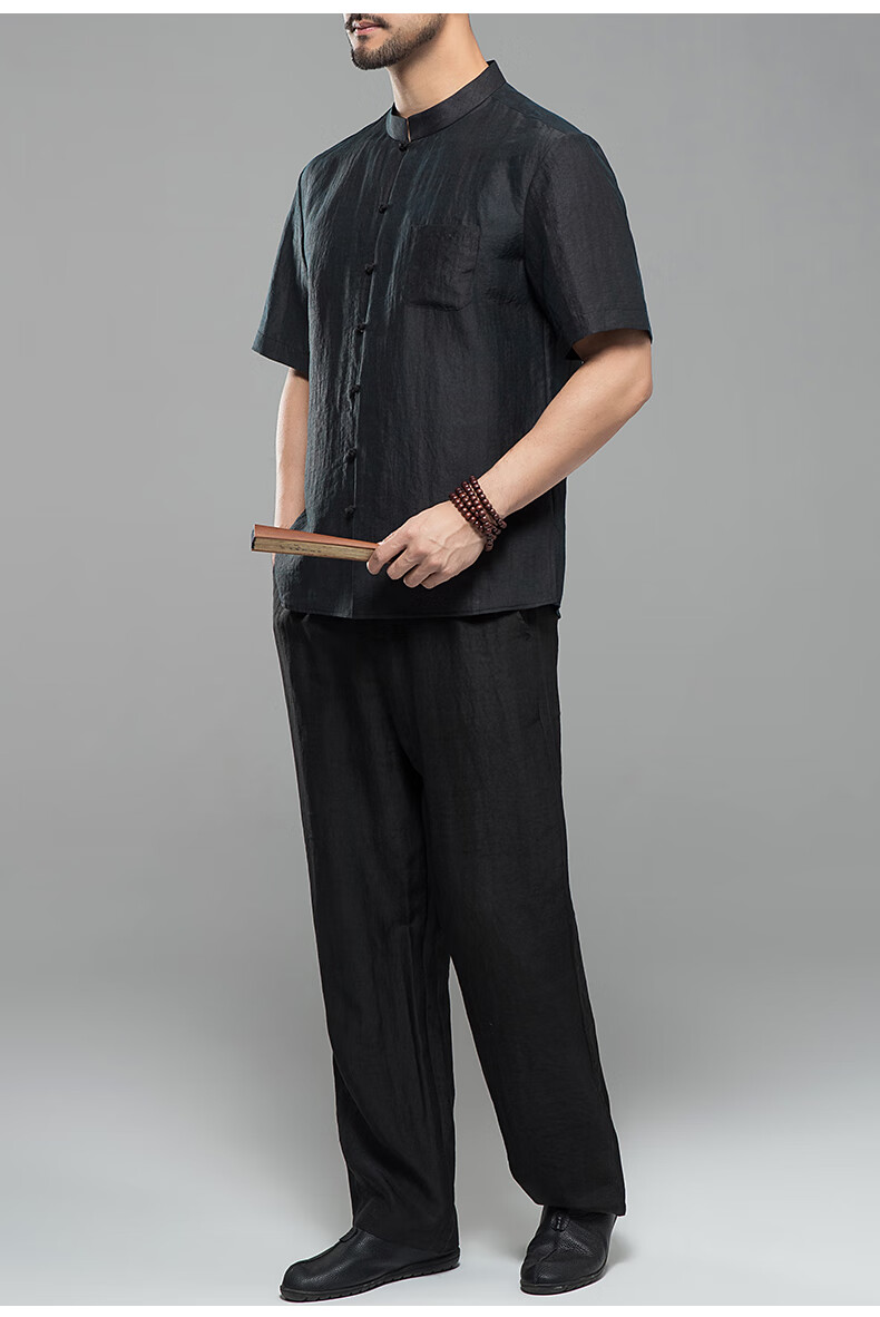 蓝吉奥 高端香云纱唐装男夏装短袖真丝桑蚕丝莨绸套装复古爸爸爷爷中