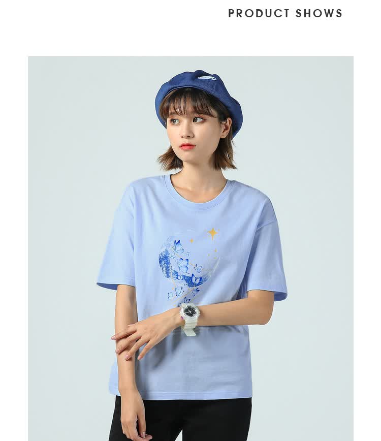 真维斯女装纯棉上衣2021夏季新款圆领月亮印花浅蓝色短袖t恤女je漂