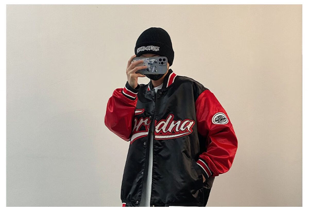公牛棒球服夹克国潮男美式hiphop外套黑红上衣街头嘻哈风红色m