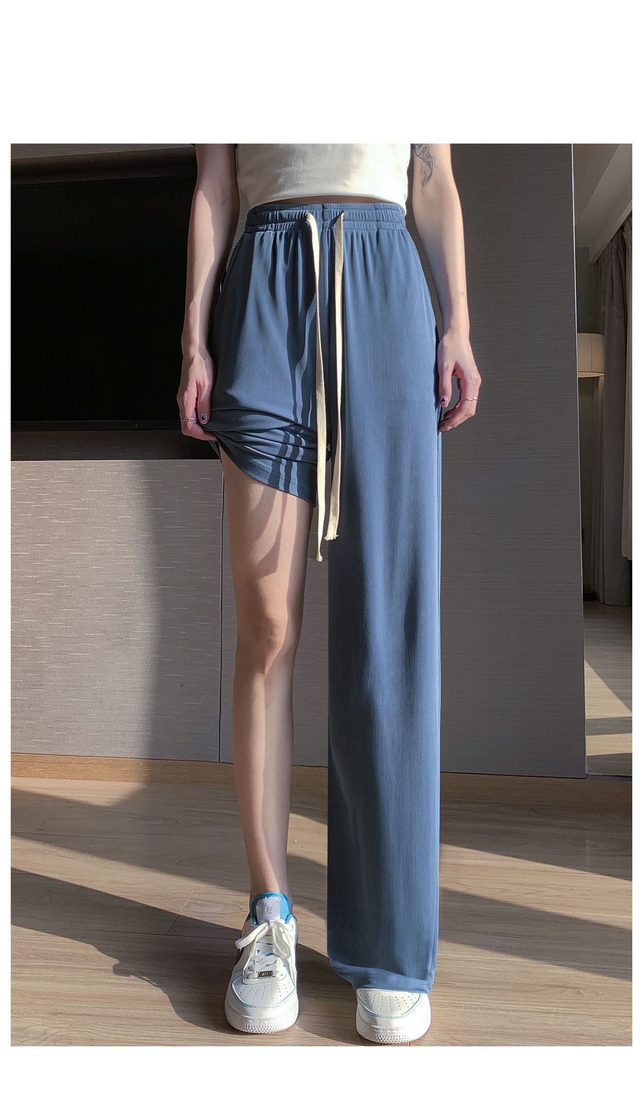 森马冰丝凉凉裤女官方店冰丝阔腿裤女裤子高腰垂感宽松直筒显瘦黑色