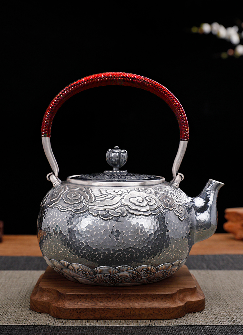 zysy知音岁月银茶壶999手工錾刻祥云复古中式家用茶道具足银烧水壶约