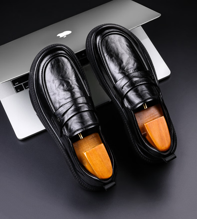 Zhengtai British Men's Leather Shoes, Thick-Soled Heightening Breathable Loafers, Business Casual Leather Shoes for Men, JZ0210, Black, Size 42 4