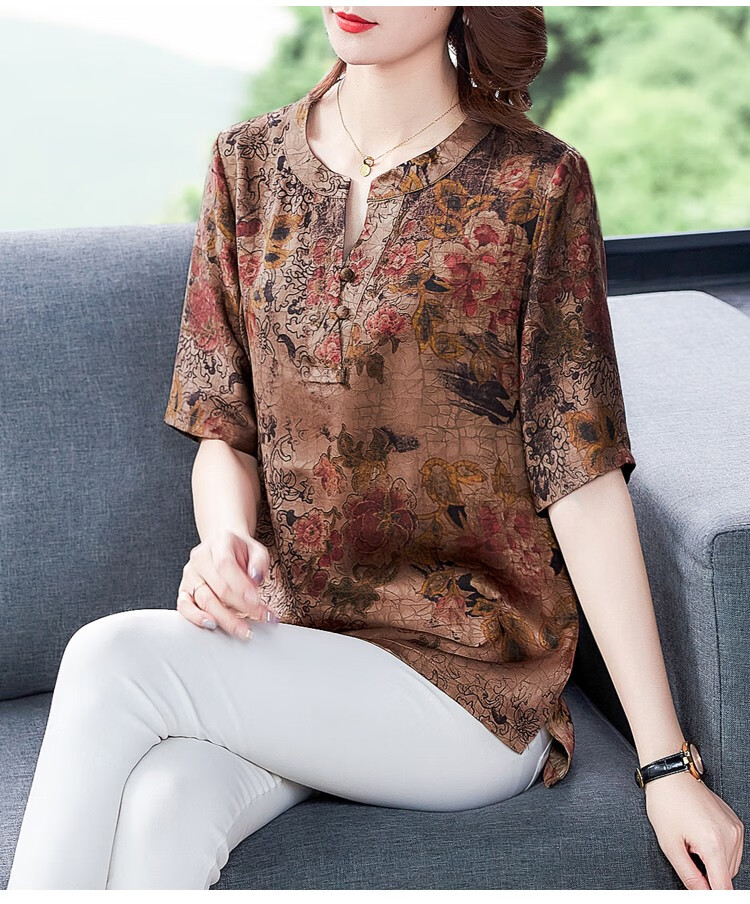 妈妈真丝中袖上衣桑蚕丝七分袖衬衫中老年香云纱大码女装半袖高 