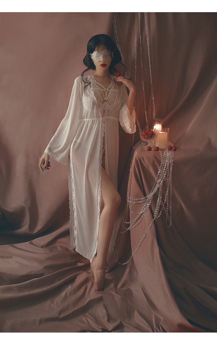 情趣内衣女性感马蚤侧开衩后开叉前扣网纱透视诱惑长睡衣睡袍爱爱方便