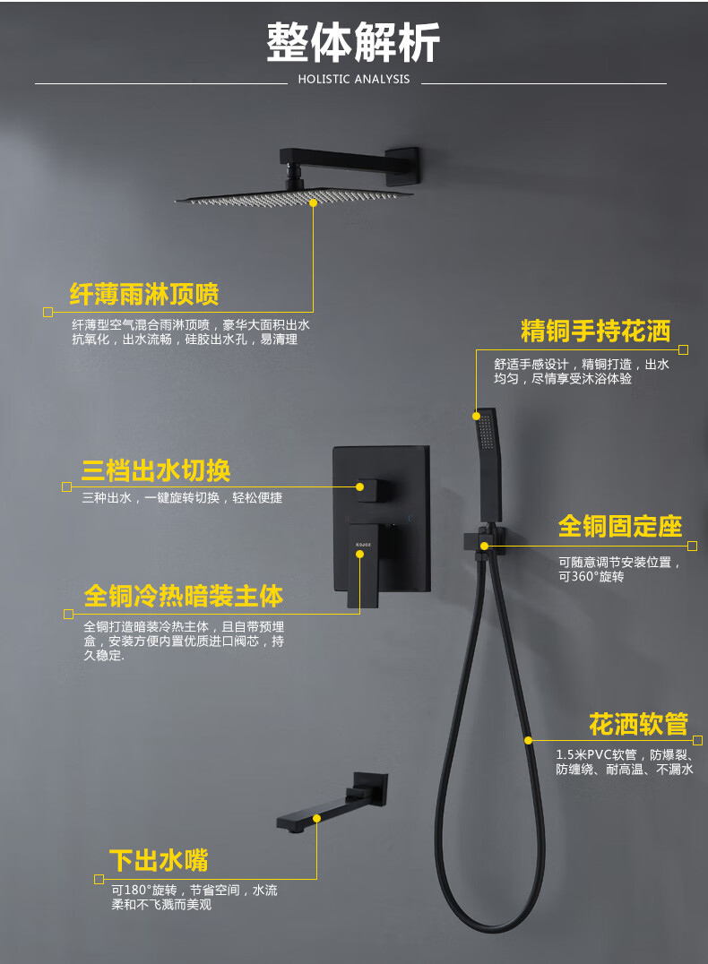 科勒(kohler)科勒全铜黑色暗装嵌入墙式淋浴花洒隐藏式冷热水沐浴器大