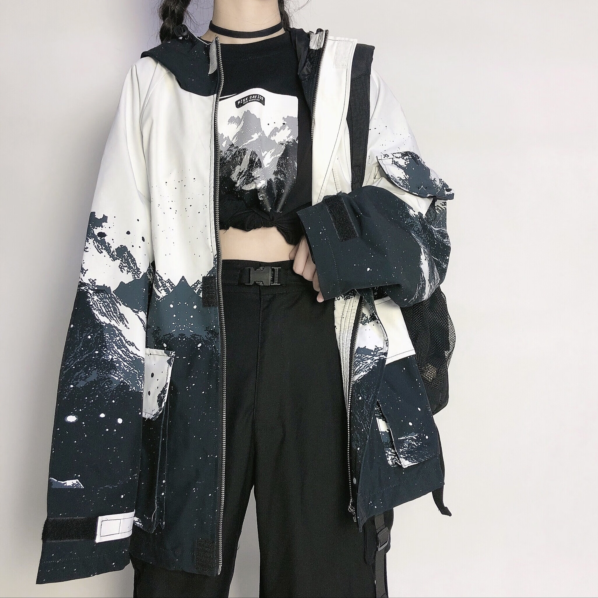 拉夏贝尔la风衣外套女春秋2022年新款pinksavior雪山满印今年流行款小