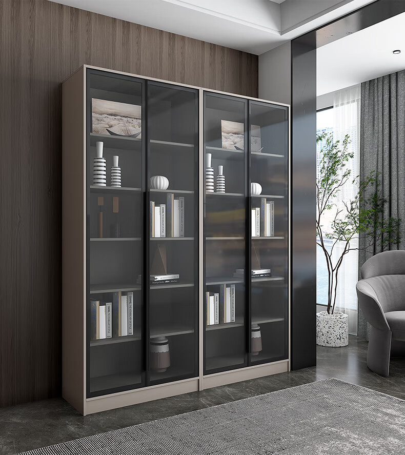 轻奢玻璃门书柜一体靠墙简约现代书房带灯展示柜卧室储物柜置物柜16米