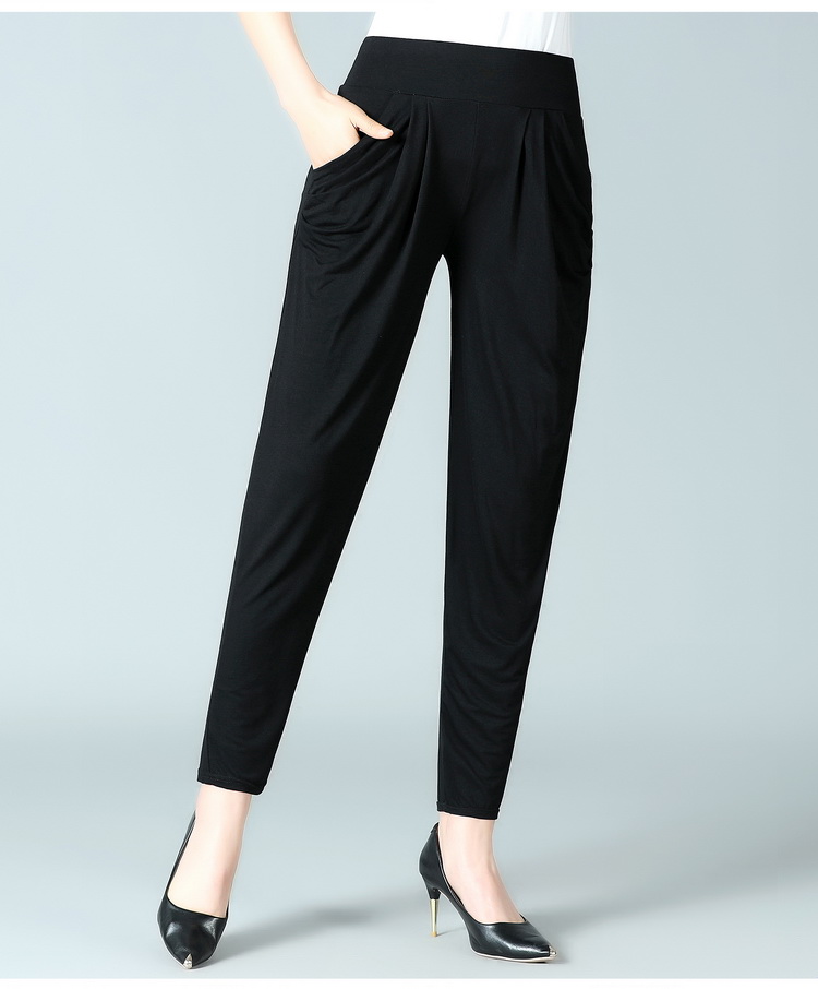 夏天穿的莫代尔女裤奶奶夏季薄款中年九分裤松紧腰黑色哈伦裤阔腿裤